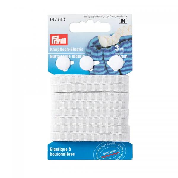 Knopfloch-Elastic m. 3 Knöpfen, 12 mm weiß
